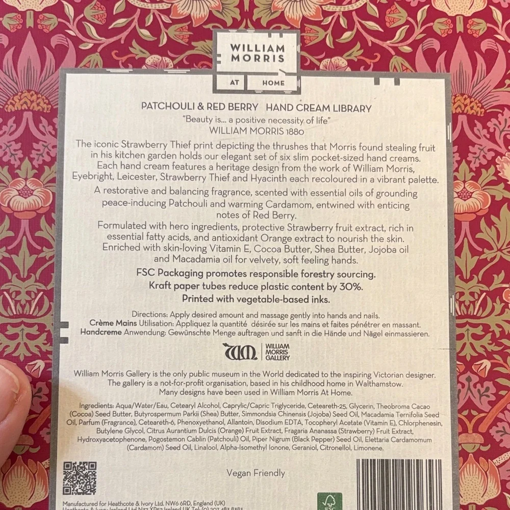 NEW! William Morris Women Patchouli & Red Berry Hand Cream Library - Vegan